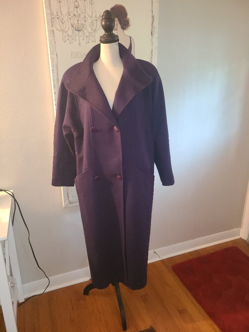 VTG ASHLEY SCOTT Long 100% Wool Coat Royal Purple Dark SZ XL Lined Deep Pockets